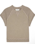 The Great Inc. presents The Wedge Sweatshirt: a short-sleeved, light brown crew neck with visible seam details, laid flat on a white background for a vintage-inspired look.