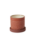 The Accent Decor 52170 Salamanca Pot with Saucer is a round, terracotta-colored ceramic planter featuring a drainage hole and small white dots patterned around the exterior. Matching saucer included.