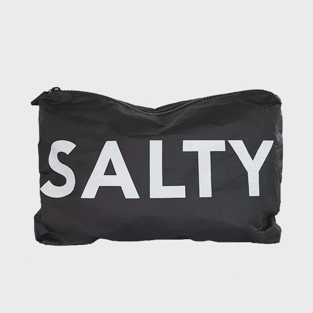 A black Tyvek fabric pouch with the word "SALTY" printed in large white letters on its side. The Faire water-resistant pouch appears to be slightly wrinkled and is closed with a zipper.