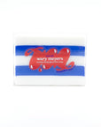 A bar of handmade moisturizing glycerine soap in clear packaging, featuring blue and white stripes with two red hearts. The text "Wary Myers Scottsdale Arizona bungalow moisturizing glycerine soap" is displayed.