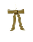 The Saleh Bow Ornament 4.75x5.5" by Accent Decor features olive-green with white edges, two loops, and long tails, hanging from a gold string—ideal as a festive Christmas tree decoration.