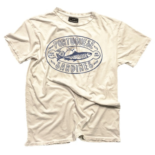 A light beige t-shirt with a graphic print of PORTUGUESE SARDINES and text that reads &quot;Portuguese Sardines&quot; in a circular design, laid flat on a white background, embodies the Arizona style.