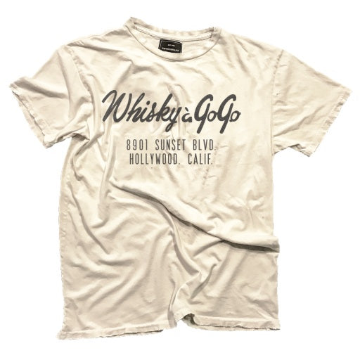Light gray T-shirt with "WHISKY A GO GO SUNSET BLVD 8901 Sunset Blvd. Bungalow, Calif." printed in black retro font, laid flat on a white background by Wildcat Retro Brands.