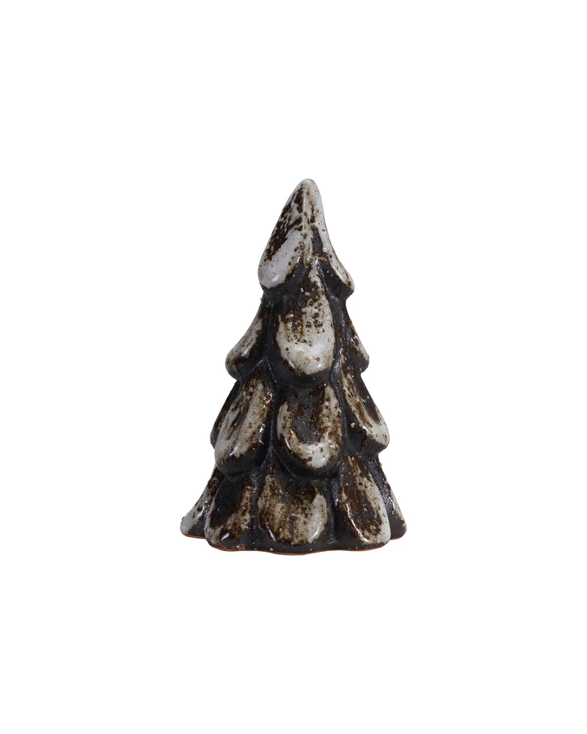 The Creative Co-op Stoneware Tree Brown Small is a matte brown figurine with white snow-like accents on its branches, displayed against a plain white background.
