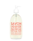 The 16.7oz Liquid Soap by Cie Luxe Brands features a clear glass pump bottle with a white dispenser, labeled "Savon Liquide Marseille Extra Pur Pamplemousse" in bold pink. Made using traditional Marseille soap methods and enriched with vegetable oils, it's crafted in France and designed in Provence.