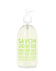 16.7oz clear bottle of liquid soap featuring a white pump dispenser and light green label reading "Savon Liquide Marseille Extra Pur, Verveine Fraiche." Made in France by Cie Luxe Brands with nourishing vegetable oils and designed in Provence.