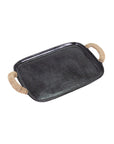 The Chi Chi Tray Small by The Import Collection features a rectangular black design with slightly raised edges and jute-wrapped side handles, adding transitional style elegance to any space. Set against a white background.