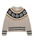 The Snowflake Fairisle Pullover by The Great Inc. is a beige knit sweater in Superfine Alpaca and Polyamide, featuring a round neck and black, white, and brown Nordic snowflake pattern. Fits true to size.