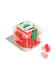 The Faire Christmas Candy Cube is a clear plastic box of red holiday candies, decorated with a festive snowman label and a few gummies displayed to the right of the box.