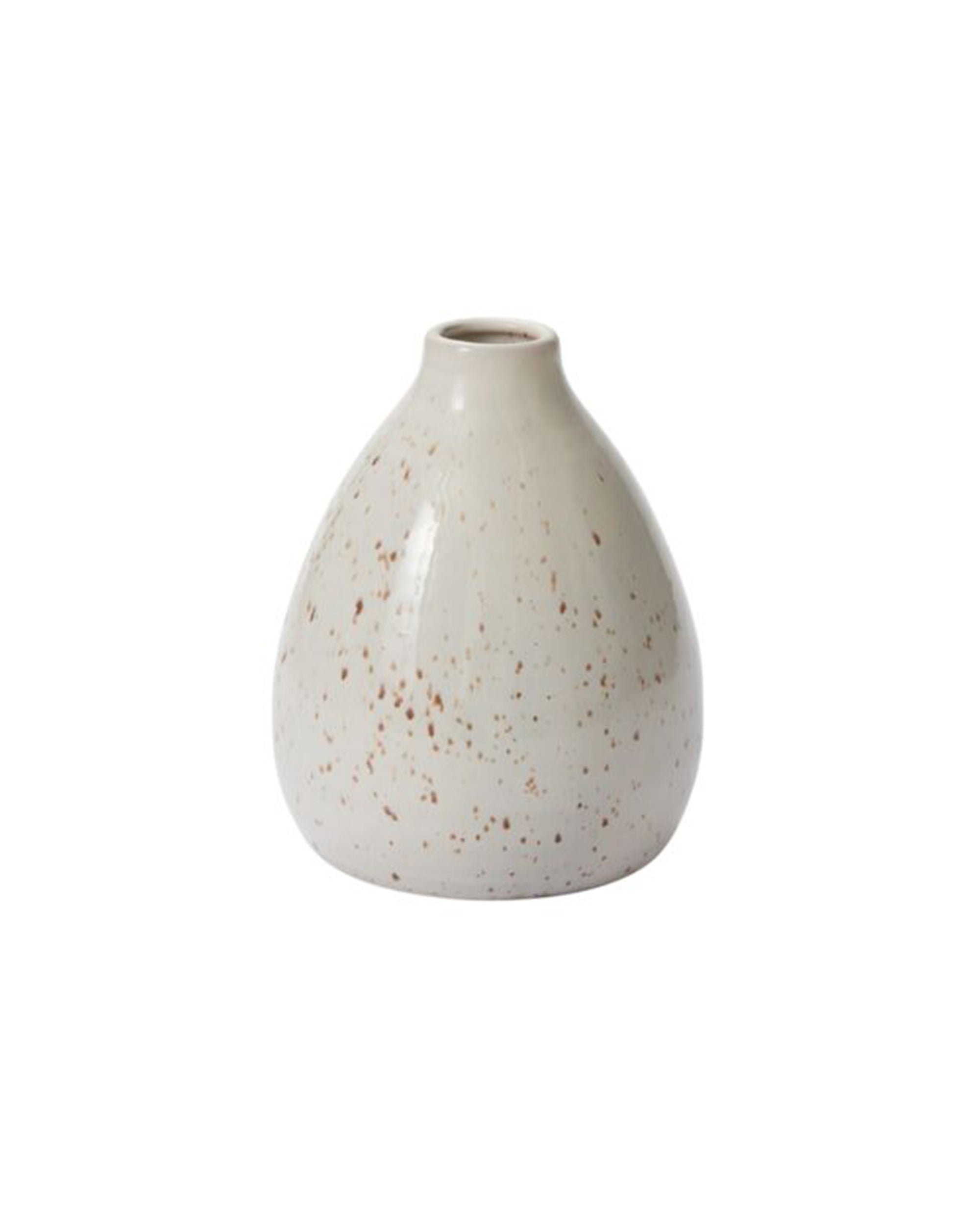 The Accent Decor 54811 Francesca Budvase Short is a small, round, off-white handmade vase with a narrow opening and brown speckled pattern—ideal for minimalist home decor. Shown against a plain white background.