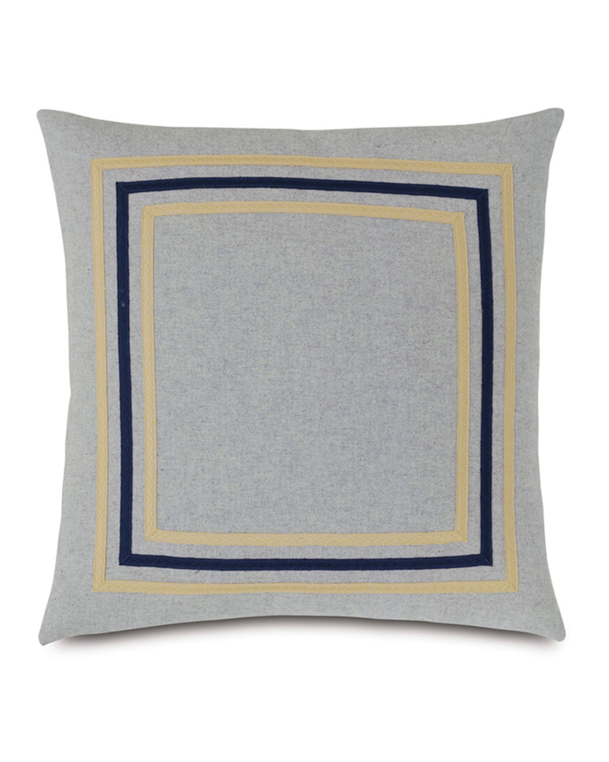 The SPROUSE MITERED pillow by Eastern Accents is a square, light gray pewter accent with a knife edge and three gold and dark blue concentric squares near the center.