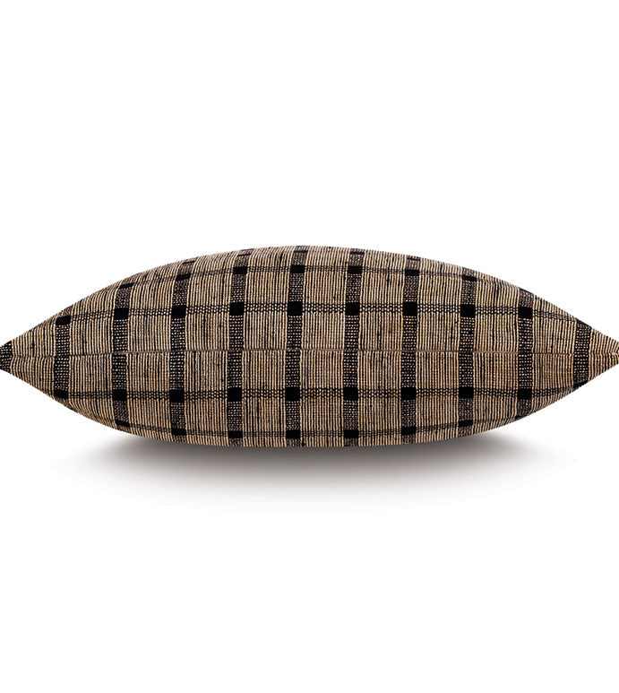The BEACHCOMBER CHECK by Eastern Accents is a rectangular decorative pillow made from bamboo fabric, featuring a beige and black checkered dobby-woven texture, shown on a plain white background.