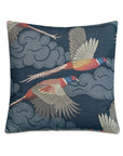 The Barrett Aves Printed throw pillow by Eastern Accents features a dark blue background with colorful flying pheasants, stylized gray clouds, and an invisible zipper closure.