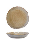 The image shows the Creative Co-op Organic Shaped Plate with a scalloped edge and beige spiral pattern in reactive glaze, featuring both top and side views against a white background.