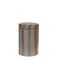 The Creative Co-op DG0663 Striped Jar with Lid is a hand-painted stoneware jar featuring vertical blue and beige stripes for a classic look.