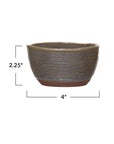 The Creative Co-op Stoneware Bowl is small, round, and textured with a brownish-gray finish. This decorative bowl measures 2.25" tall by 4" wide, with dimension lines labeled on the image.