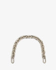 The Clare Vivier Shortie Strap S24 is a short silver chain with large round links and brass spring links at both ends, displayed in an arch shape on a plain white background.