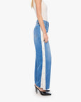 The Striped Resealable Skimp jeans by Mother in blue-white stripe, styled with a white top and black heels.