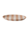 The Accent Decor 50423 Botera Platter is a shallow, oval ceramic serving dish with alternating wide beige and white stripes, a smooth matte finish, and minimalist design.
