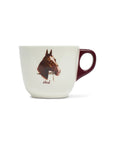 White mug with horse head, red handle; Fishes Eddy All in the Family Stud Mug in stoneware.