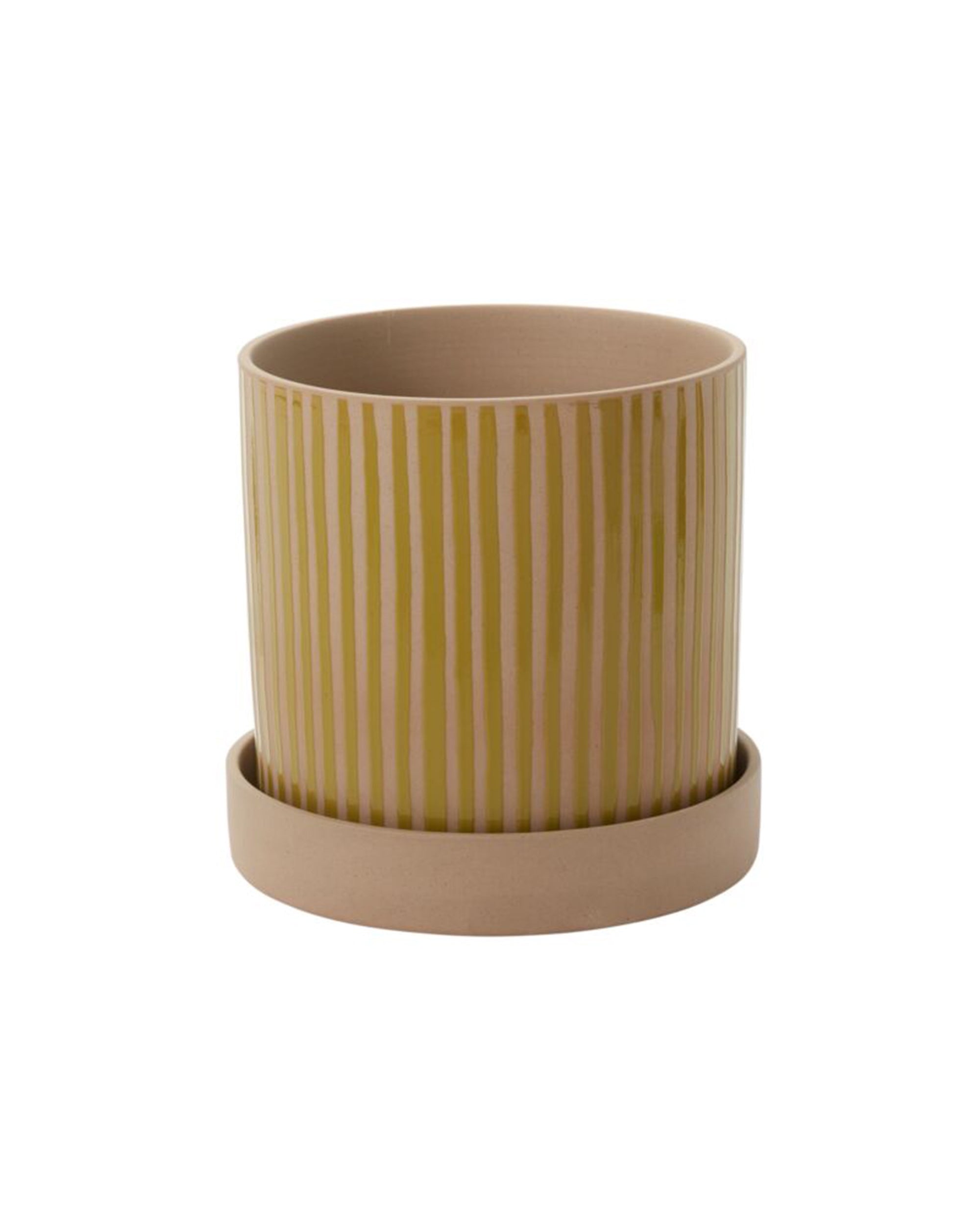 The Sulllivan Pot & Saucer S by Accent Decor is a beige striped plant pot featuring vertical yellow accents and a matching natural bisque saucer, shown on a white background.