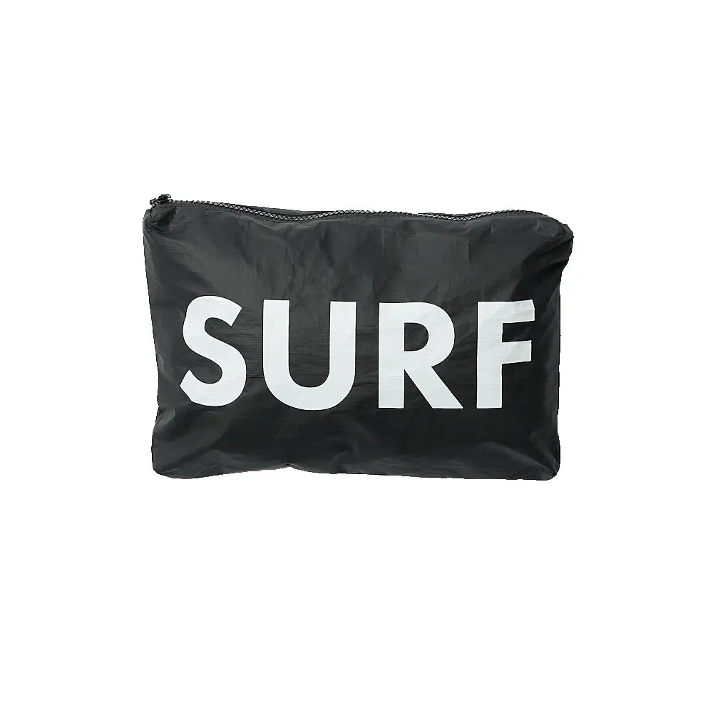 A black Faire Water Resistant Pouch made from 100% Tyvek fabric with a zipper on top and the word "SURF" printed in large, white, block letters across the front. The background is plain and white.