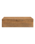 The Gatsburg Shagreen Box by Sarreid, in tawny brown leather with a textured finish, features a hinged lid and central round knob, embodying transitional elegance against a white backdrop.