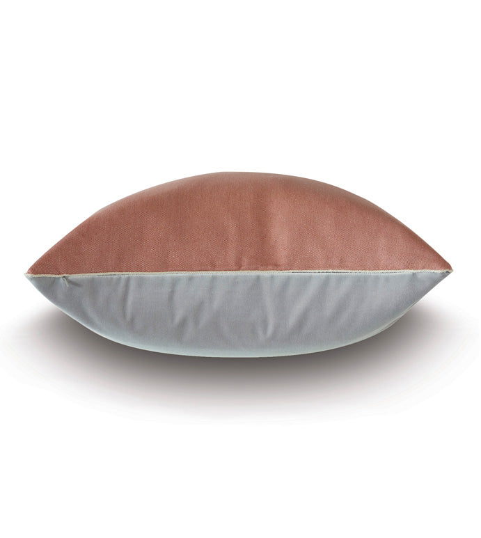 The Castle Linen Rose cushion by Eastern Accents features a two-tone design with a brown top and light gray velvet bottom, displayed against a white background.