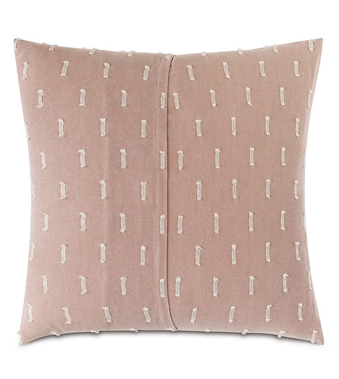 A square Beige Bluff Euro 27x27" cushion with a pattern of small white tassel motifs, set against a plain background, infused with Arizona style from Eastern Accents.