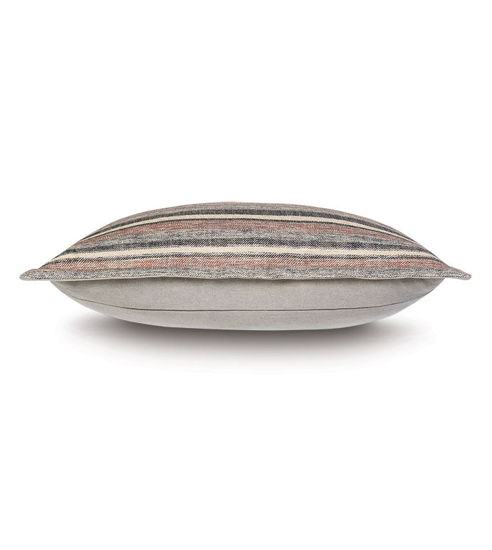 A rectangular throw pillow featuring a striped pattern in shades of gray, red, and beige on the top half and a solid gray bottom half, evocative of Scottsdale Arizona's desert sunset shades, isolated on a white background from Eastern Accents' Ridge Striped 27x27" throw pillow.