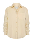 The Super Relaxed Boyfriend by THE SHIRT is a light beige cotton poplin shirt with a collar, single chest pocket with subtle stitching, No Gape button technology, and slightly wrinkled long sleeves in a relaxed fit.