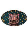 The Indaba Tiger Spot Tray is an oval enameled tray featuring a pink and black tiger face on a dark background with yellow-orange polka dots—ideal as accent decor or a unique decorative tray for any room.