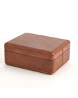 The BB-9.90049 Tobacco Covered Box LG by Global Views is a rectangular brown leather box with a smooth finish and visible stitching, adding elegance to any desk accessory collection.