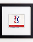 A framed artwork features a silhouette of a golfer swinging a club in blue, with the red letters "TPC" vertically aligned next to the golfer. Below the golfer, in small letters, is "UNIVERSAL MIDWEST 314-965-9449." The black frame and clear acrylic finish enhance the vibrant prints within. This piece is presented as "Art Square Blk Frame" by Match South.