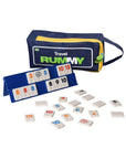 The Faire Travel Rummy set is a family-friendly, travel-sized game featuring a navy zippered pouch, blue tile rack with numbered tiles, and loose tiles—an ideal brain-boosting activity for fun on the go.