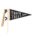 Trick or Treat felt pennant with vintage style and ribbons by Bungalow Furniture & Accessories, festive Halloween decor.