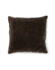 The Velvet Pillow W/ Poms by Sugarboo Designs is a square, dark brown velvet accent pillow featuring a soft down feather insert and small textured pom-pom trim, displayed against a white background.