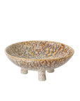 The Accent Decor 51630 Walden Bowl is a shallow, round, footed ceramic bowl with a marbled beige and brown glaze on three short legs—ideal as sculptural home decor or a decorative centerpiece.