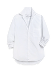 The WAVERLY Relaxed Button-Up Shirt by Frank & Eileen is a white Italian cotton shirt, featuring a collar, chest pocket, rolled sleeves, and tailored fit. The label inside reads "Frank & Eileen Est. 1947.