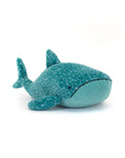 The Gobfrey Whale Shark by Jelly Cat Inc. is a plush toy in teal blue with white spots, small fins, and a stitched eye—ideal for Gobfrey fans or sea shanty lovers—shown on a plain white background.