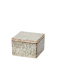 The Whisper Lidded Box by Accent Decor is a small, rectangular ceramic container with a speckled gray and beige pattern, rounded edges, and lid—ideal for storing jewelry or adding a decorative touch to your home.