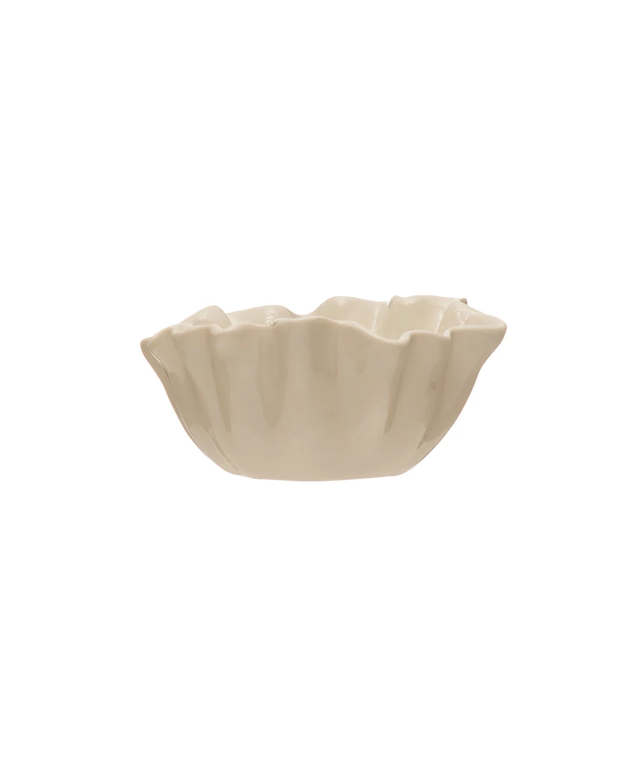 The Creative Co-op Fluted Bowl, White, features a wavy scalloped edge and smooth finish. This elegant round stoneware bowl is showcased against a plain white background.