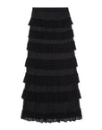 The Winter Mesh Flounce Skirt by The Great Inc. is a black mesh skirt with multiple horizontal layers of ruffled fabric, a fitted waist, and a slightly flared silhouette for a textured, tiered look.