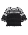 The Winter Mesh Flounce Top by The Great Inc. features black lace with half sleeves, sheer mesh panels, horizontal ruffles, a woven lace design, sheer bodice, back button closure, and intricate, feminine detailing.