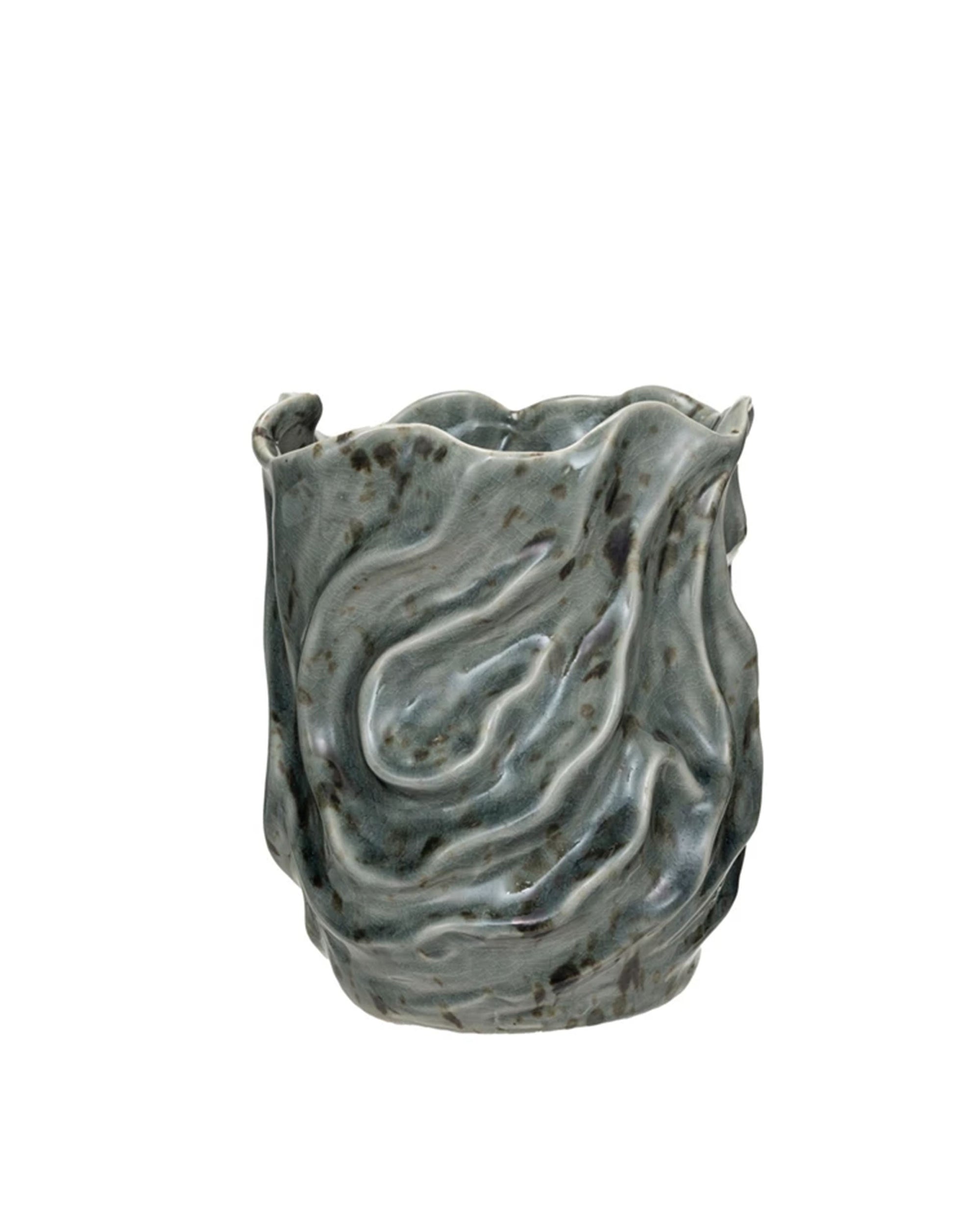 The Wavy Blue Stone Vase by Bloomingville is a round stoneware vase featuring a wavy, textured surface and a blue marbled glaze for an organic, sculptural look.