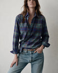 Blue plaid The Daily Shirt by Cissa, styled with light jeans on a minimal backdrop for Bungalow Furniture & Accessories.