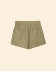 The Declan Short by Xirena in khaki green cotton poplin features an elastic drawstring waist, two back patch pockets, and folded cuffs, shown flat on a beige background.