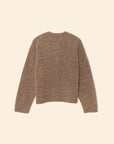 The Cameron Sweater by Xirena, made from soft merino wool, is displayed flat on a neutral background, showing its brown color, long sleeves, and crew neckline from the back.