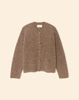 The Cameron Sweater by Xirena, a brown long-sleeve baby alpaca cardigan with a round neckline and soft textured fabric, is shown laid flat on a light beige background.
