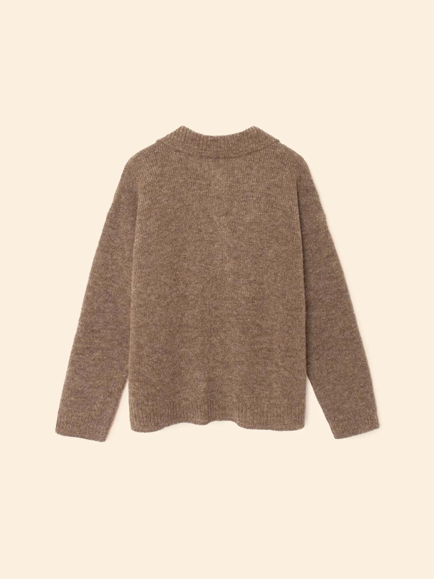 The Xirena Ethan Sweater in brown baby alpaca is displayed flat, long sleeves visible, and shown from the back on a light beige background.